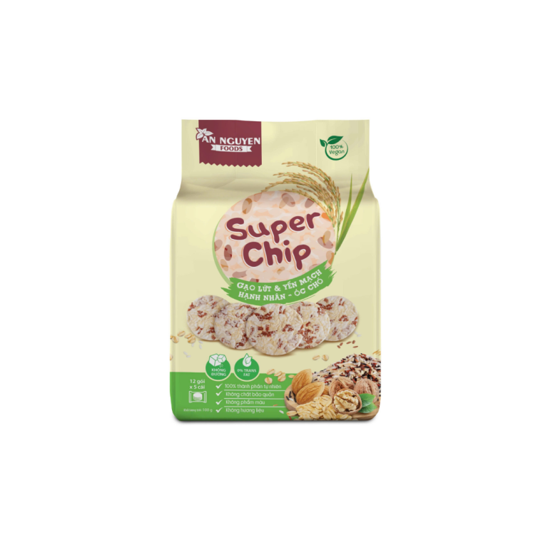 Bánh Super Chip Gạo lứt Yến Mạch Hạnh Nhân & Óc Chó Túi 120g (12 gói x 5 cái)